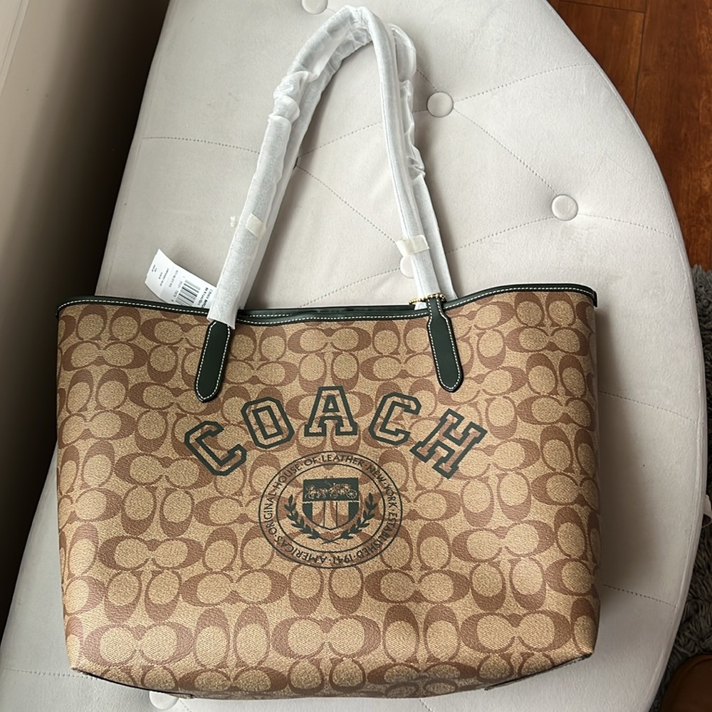 Coach Varsity Khaki Amazon Green Multi Signature Canvas City Tote Bag